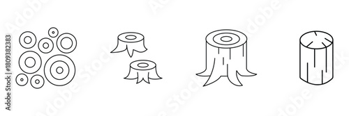 Tree stump, wood rings, forest log, timber resource, circular cut, bark cylinder icon vector illustration for commercial use.