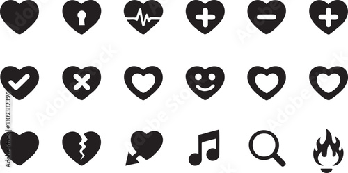 Collection of heart icons with various symbols representing love and emotions