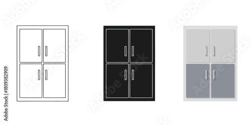 Cabinet In Three styles vector set line art, silhouette and color version for storage purposes