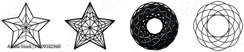 Intricate geometric star and circle designs in black and white line art