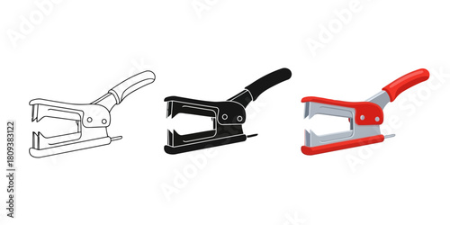  Staple Removers In Three styles vector set line art, silhouette and color version representing office supplies and document handling