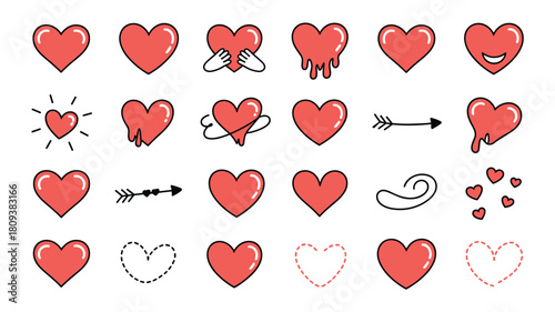 Collection of love heart shapes for valentine's day designs and romantic illustrations and graphic elements