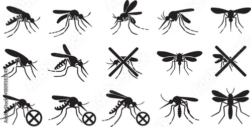 Grid of mosquito icons and prohibition signs insect