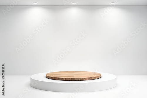 Fototapeta Naklejka Na Ścianę i Meble -  Wooden plate podium and white stage. Realistic 3d vector wood round platform or showcase on white wall background with soft lighting, for displaying cosmetic products, presentation or exhibition