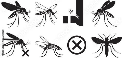 Collection of mosquito icons and warning symbols insect