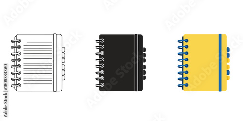 Notebook In Three styles vector set line art, silhouette and color version for diverse design needs