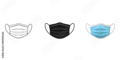 Face Masks In Three styles vector set line art, silhouette and color version, representing protection and healthcare during pandemic