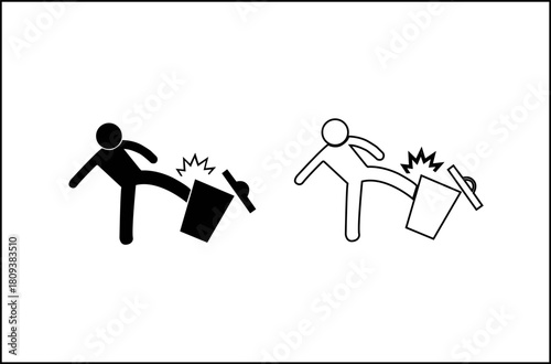 Figure kicking a trash can with debris flying in silhouette and outline