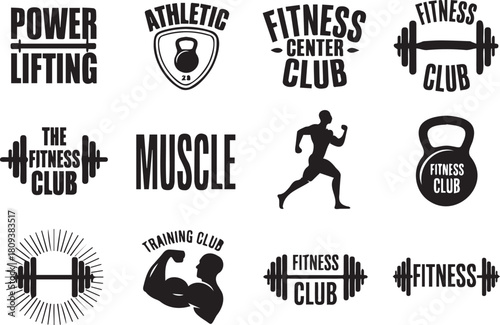 Collection of fitness and gym logos featuring weights and athletic silhouettes