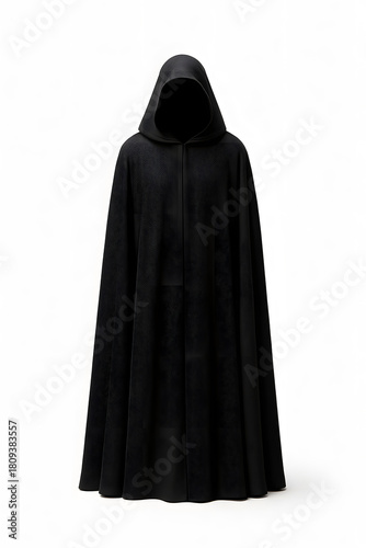Black hooded cloak isolated on white background