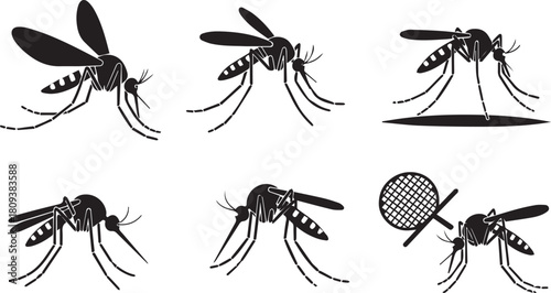 Six black silhouette mosquito illustrations Keywords: mosquito, mosquitos, insect, insects, bug
