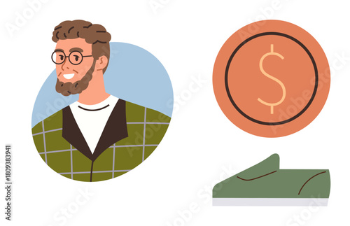 Young man with modern outfit, a dollar coin, and a green sneaker explore connection between individuality, style, and financial value. Ideal for fashion, finance, individuality, creativity
