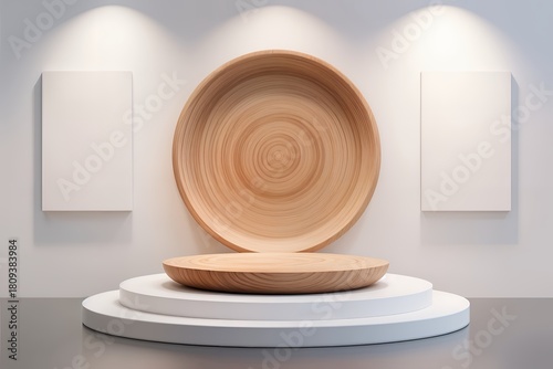 Fototapeta Naklejka Na Ścianę i Meble -  Wooden plate podium and white stage. Realistic 3d vector wood round platform or showcase on white wall background with soft lighting, for displaying cosmetic products, presentation or exhibition