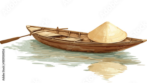 Vietnam Country Landmarks Boat Straw Hat Vector with Outline