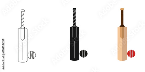 Cricket Bat And Ball In Three styles vector set line art, silhouette and color version for sport equipment