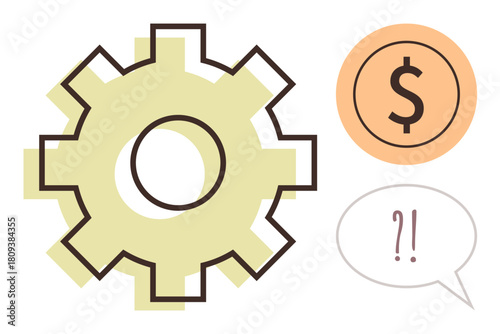Gear represents process, dollar coin signifies economy, and speech bubble with question marks suggests decision-making or issues. Ideal for business, finance, teamwork, process, management, workflow
