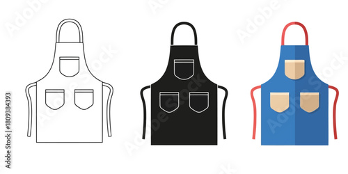 Aprons In Three styles vector set line art, silhouette and color version