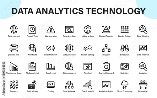 Data Analytics Technology Icon Collection. data mining, chart reports, cloud networks, research tools, and system monitoring.