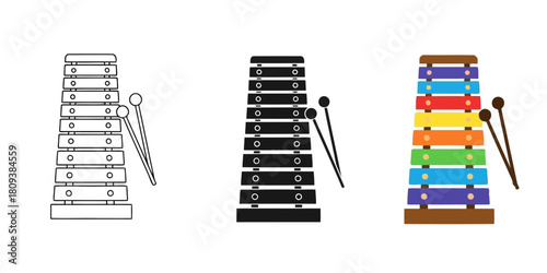  Xylophone Three styles vector set line art, silhouette and color version for melody creation
