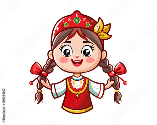 Girl in traditional costume Cartoon character logo vector illustration
