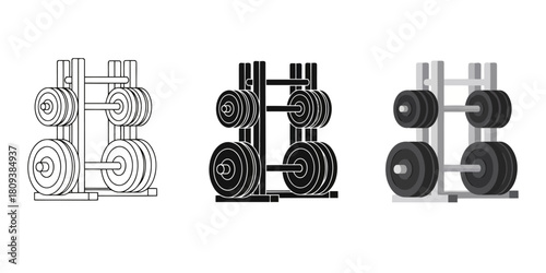 Weight Rack In Three styles vector set line art, silhouette and color version for fitness equipment representation