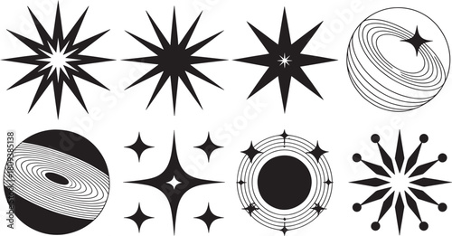 Collection of celestial starbursts and cosmic shapes isolated for graphic design