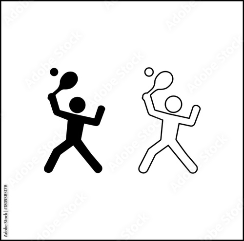 Two simple stick figure tennis players in action silhouette