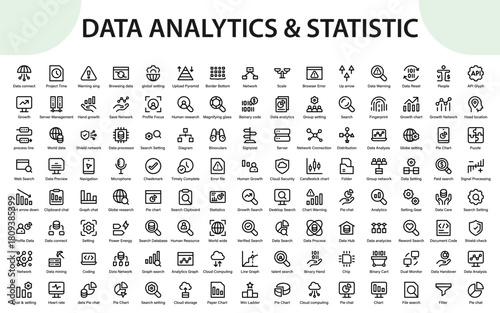 Data analytics and statistic icons. analytic charts, cloud tools, database visuals, search elements, and processing symbols.