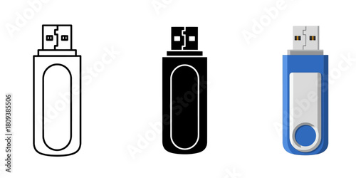 USB Flash Drive Three styles vector set line art, silhouette and color version for versatile use