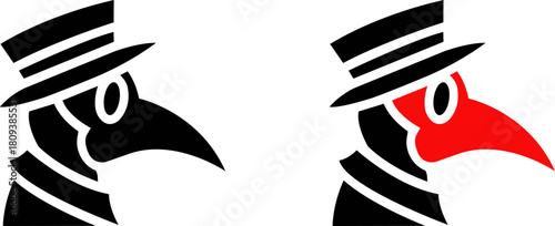 Two stylized bird person silhouettes wearing striped hats and suits silhouette