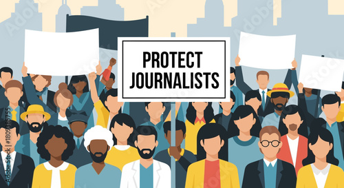 Diverse Urban Protest Supporting Press Freedom with 'Protect Journalists' Sign and Stylized Crowd Illustration