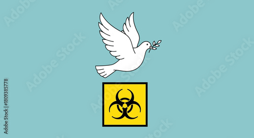 Dove with Olive Branch Above Radiation Symbol Representing Peace Amid Nuclear Threats and Global Disarmament Advocacy