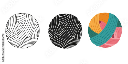 Yarn Ball In Three styles vector set line art, silhouette and color version for versatile creative projects