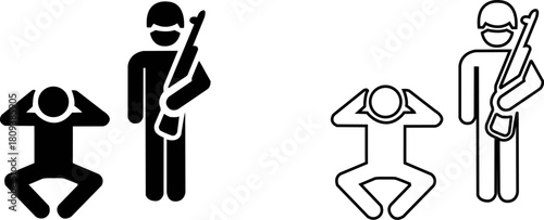 Two stylized figures depicting a soldier standing guard over a crouching person silhouette