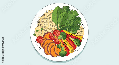 Colorful Vegan Meal Plate with Vegetables, Grains, and Hummus Garnished with Herbs and Sesame Seeds