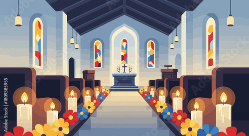 Church Interior with Candles, Flowers, and Stained Glass Windows Prepared for Ceremonial Event
