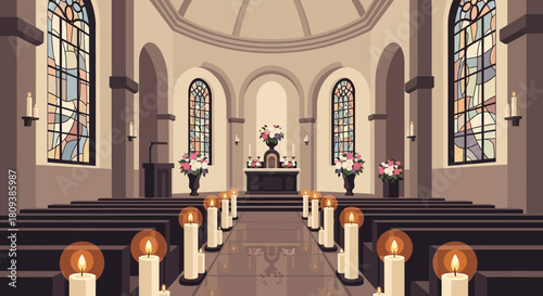 Church Interior Decorated for Wedding Ceremony with Candles, Flowers, and Stained Glass Windows