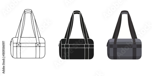 Duffel Bags in Three styles vector set line art, silhouette and color version for versatile design use
