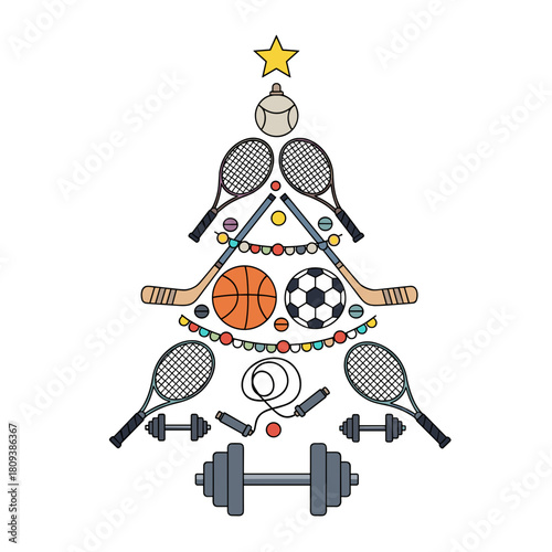 Sports-themed Christmas tree made of various equipment and ornaments, for holiday greetings, event promotions, and fitness marketing materials 