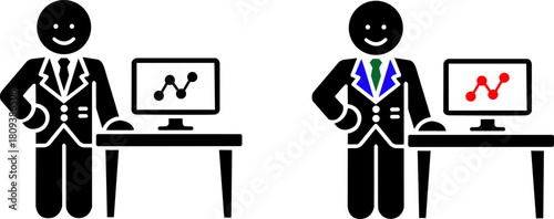 Two businessmen in suits standing next to desks with computers displaying graphs silhouette