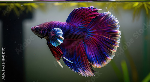 Elegant Betta Fish Captivatingly Displaying its Majestic Fins in a Tranquil Aquatic Environment with Vibrant Colorations Evoking a Sense of