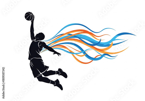 Silhouette of a basketball player in mid-air performing a slam dunk with colorful abstract streaks emanating from their back.