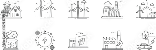 Set of renewable energy and power generation icons isolated on clean energy and sustainable technology concept
