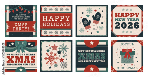 Happy holidays stickers set. Christmas design colorful retro frame banners. New year holidays square labels.