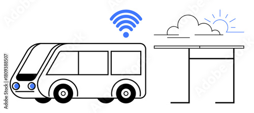 Electric bus near a wireless-enabled bus stop with minimalist cloud and sun icons. Ideal for public transport, sustainability, convenience, connectivity, innovation, mobility, clean energy. Simple