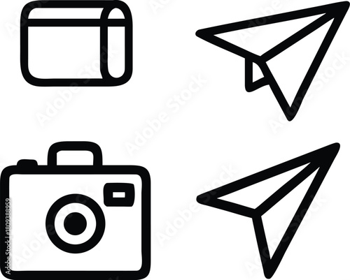 Simple line art icons representing communication travel and photography