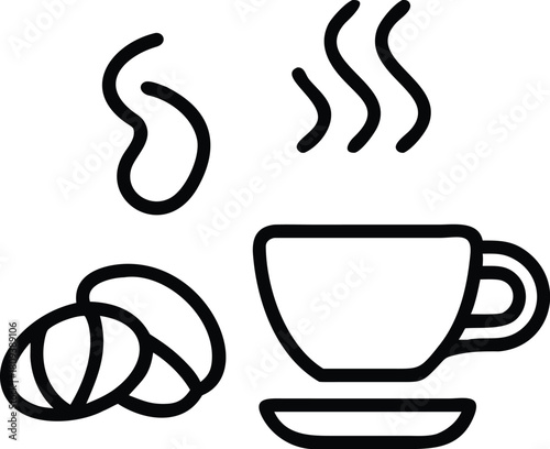 Simple line art icon set featuring coffee beans and a steaming cup of coffee