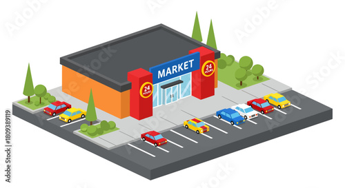 An isometric 3D vector illustration of a modern 24-hour market building featuring an orange facade, glass entrance, and a parking lot filled with colorful cars and green trees.