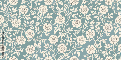 Floral pattern with blooming flowers and leaves on a blue background
