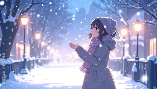 雪が降ってきたことに気が付いた女性のイラスト